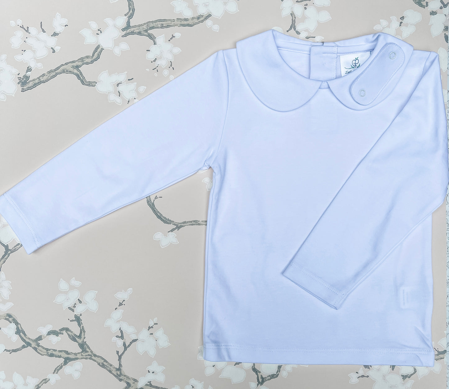 White Peter Pan Collared Long-Sleeved Shirt, Embroidery Tab | Little Gray Peach