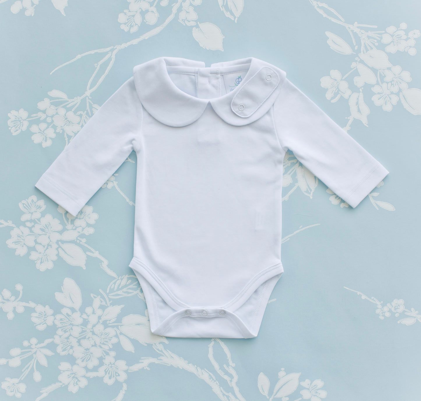 White Peter Pan Collared Onesie, Embroidery Tab | Little Gray Peach