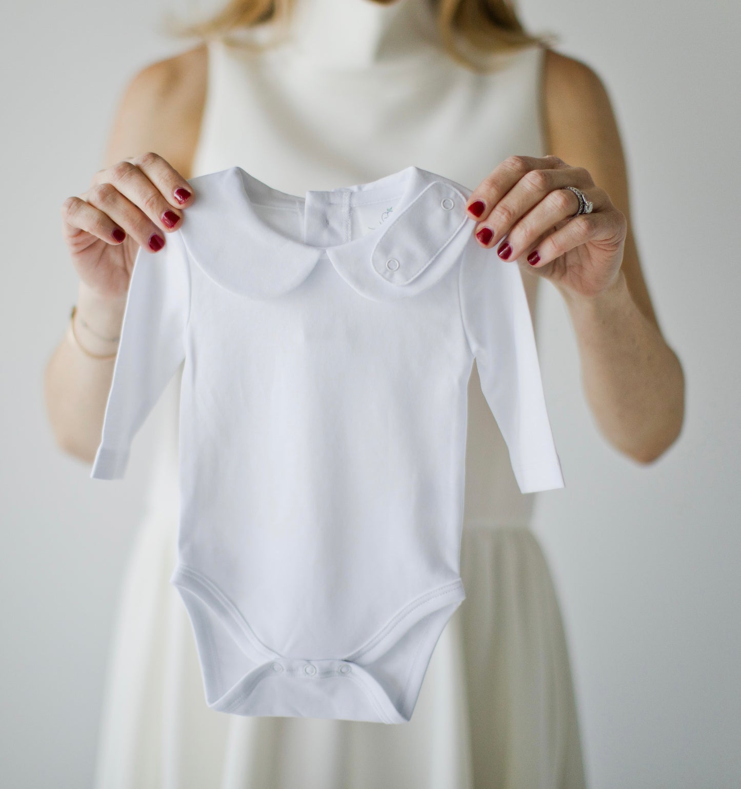 White Peter Pan Collared Onesie, Embroidery Tab | Little Gray Peach